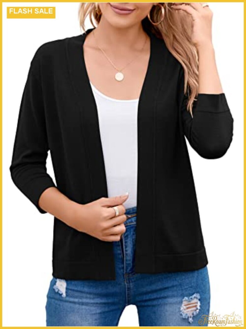 Bettysays Women's 3/4 Sleeve Open Front Cropped Cardigan Shrug